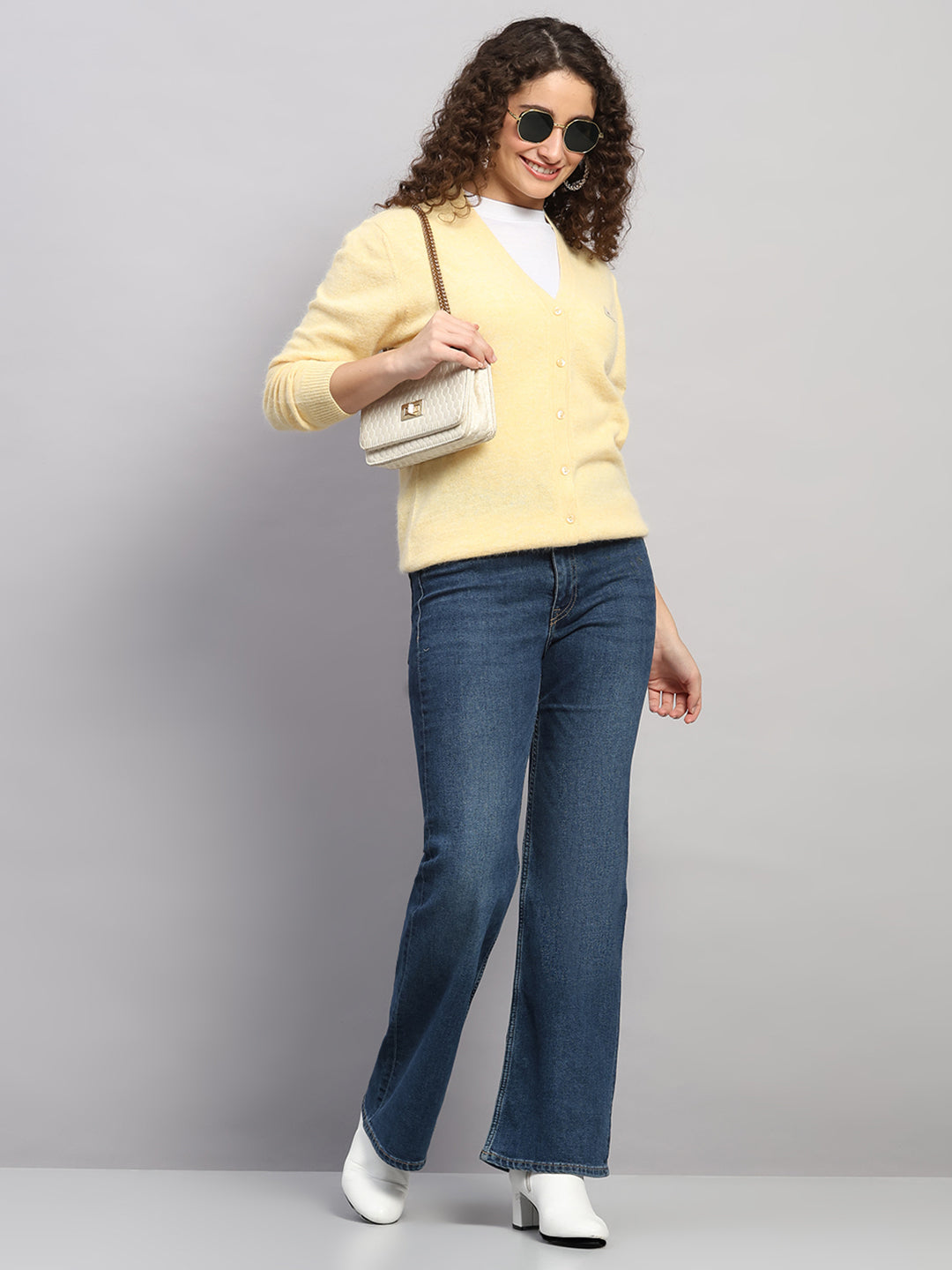 Women Yellow Solid V Neck Full Sleeve Cardigan