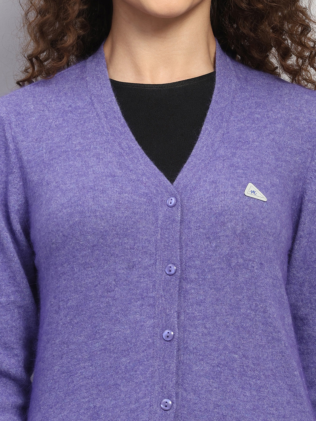 Women Purple Solid V Neck Full Sleeve Cardigan