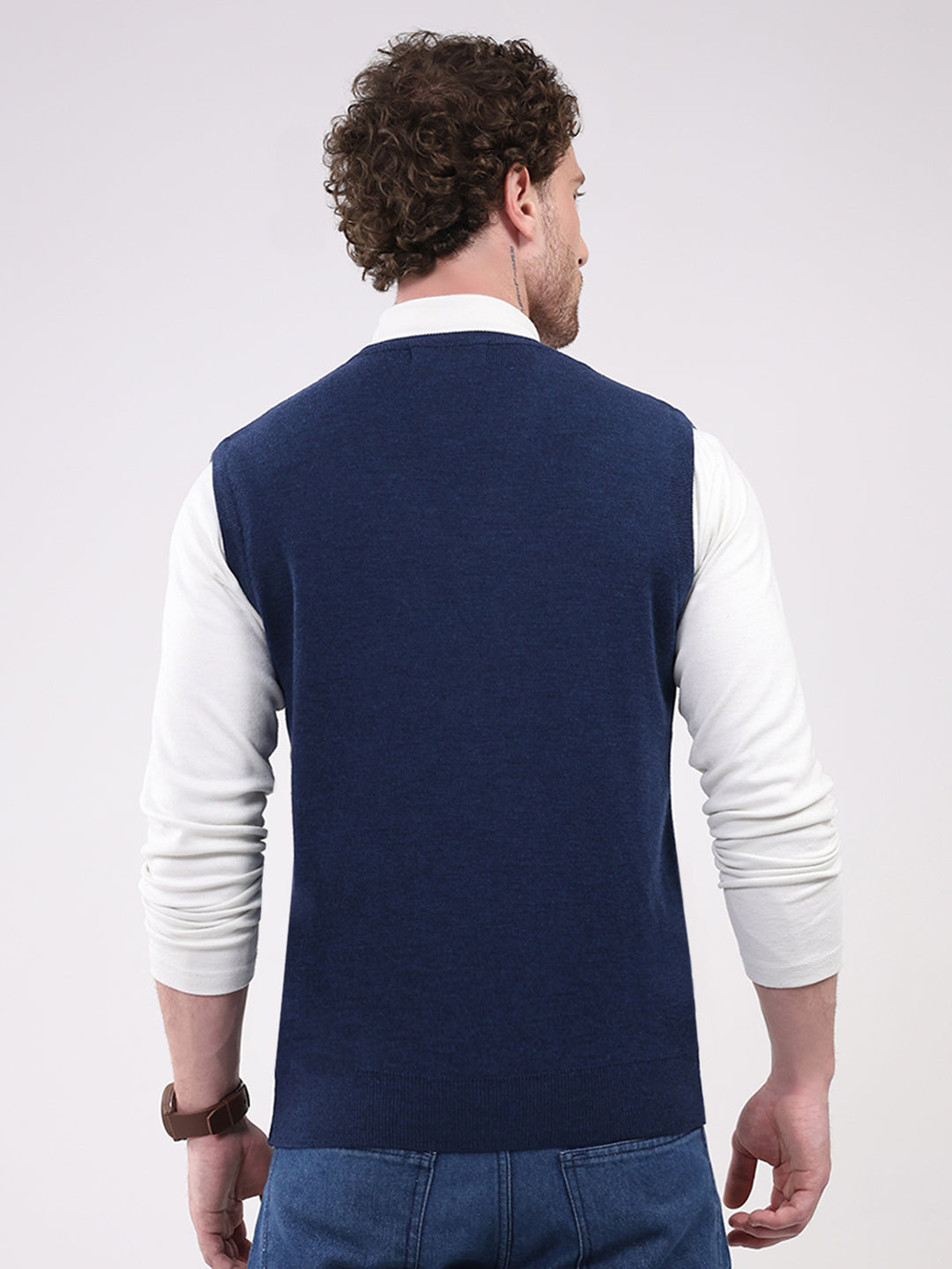 Men Navy Blue Solid V Neck Sleeveless Sweater