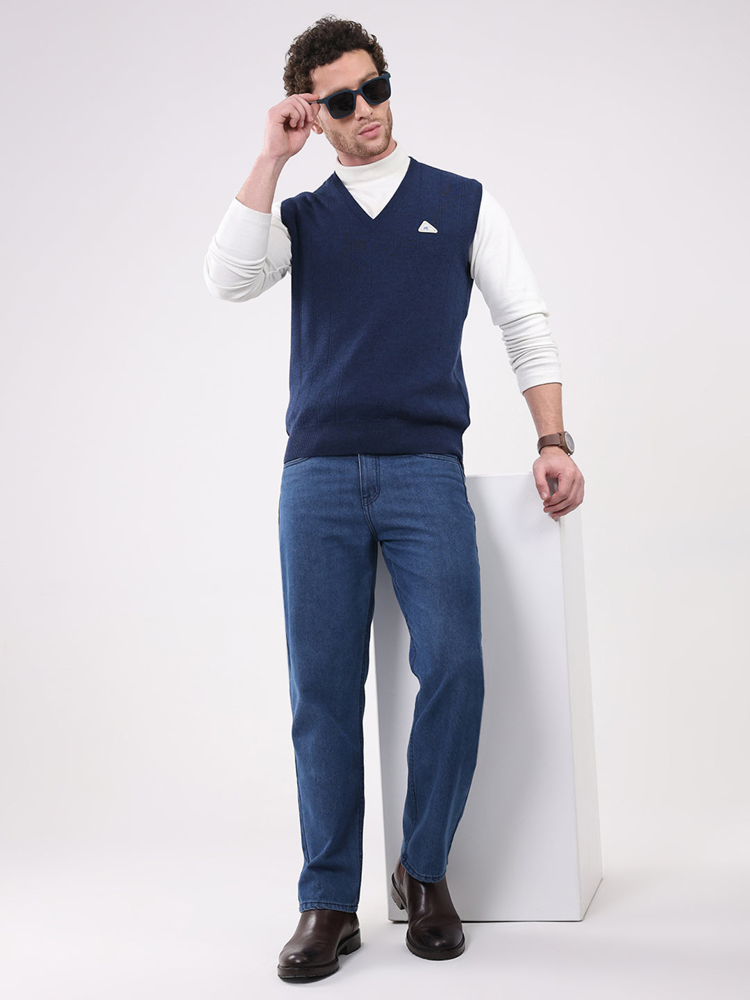 Men Navy Blue Solid V Neck Sleeveless Sweater