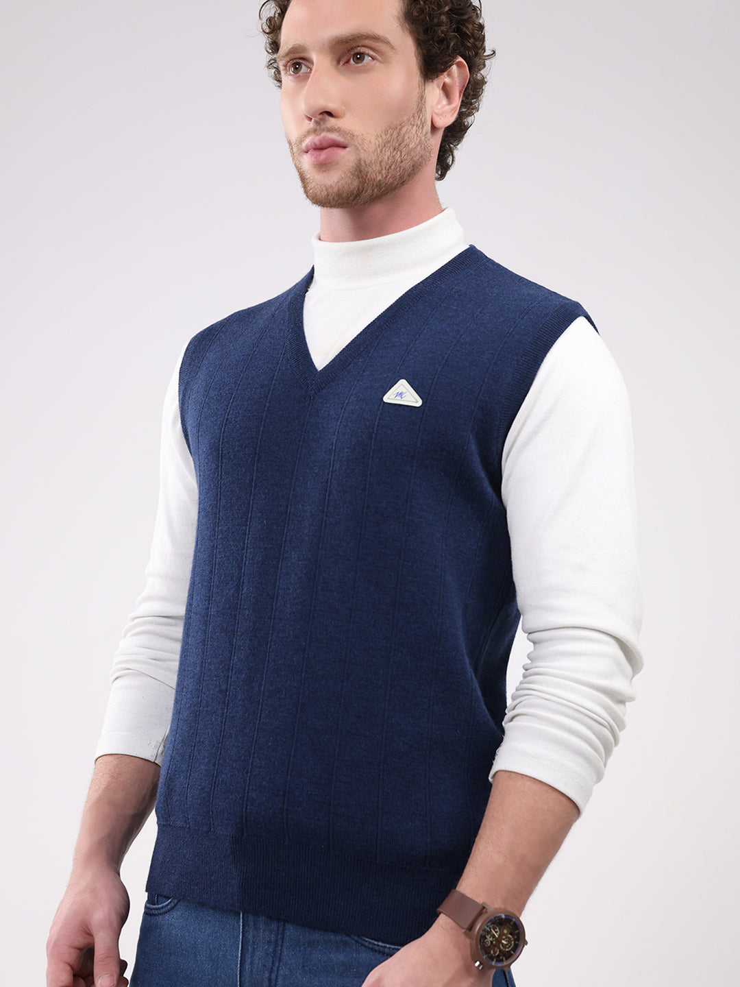 Men Navy Blue Solid V Neck Sleeveless Sweater