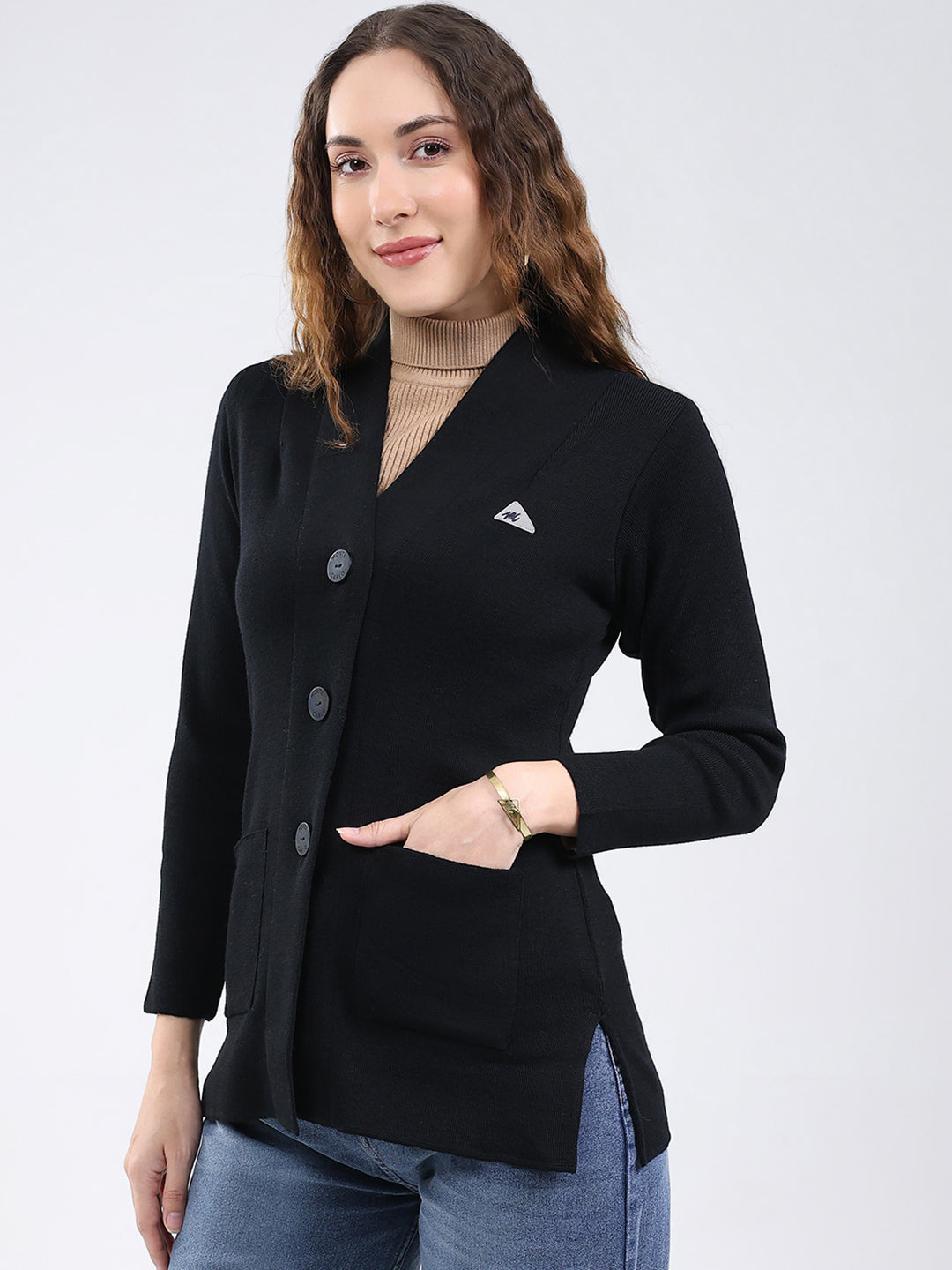 Women Black Solid V Neck Full Sleeve Cardigan