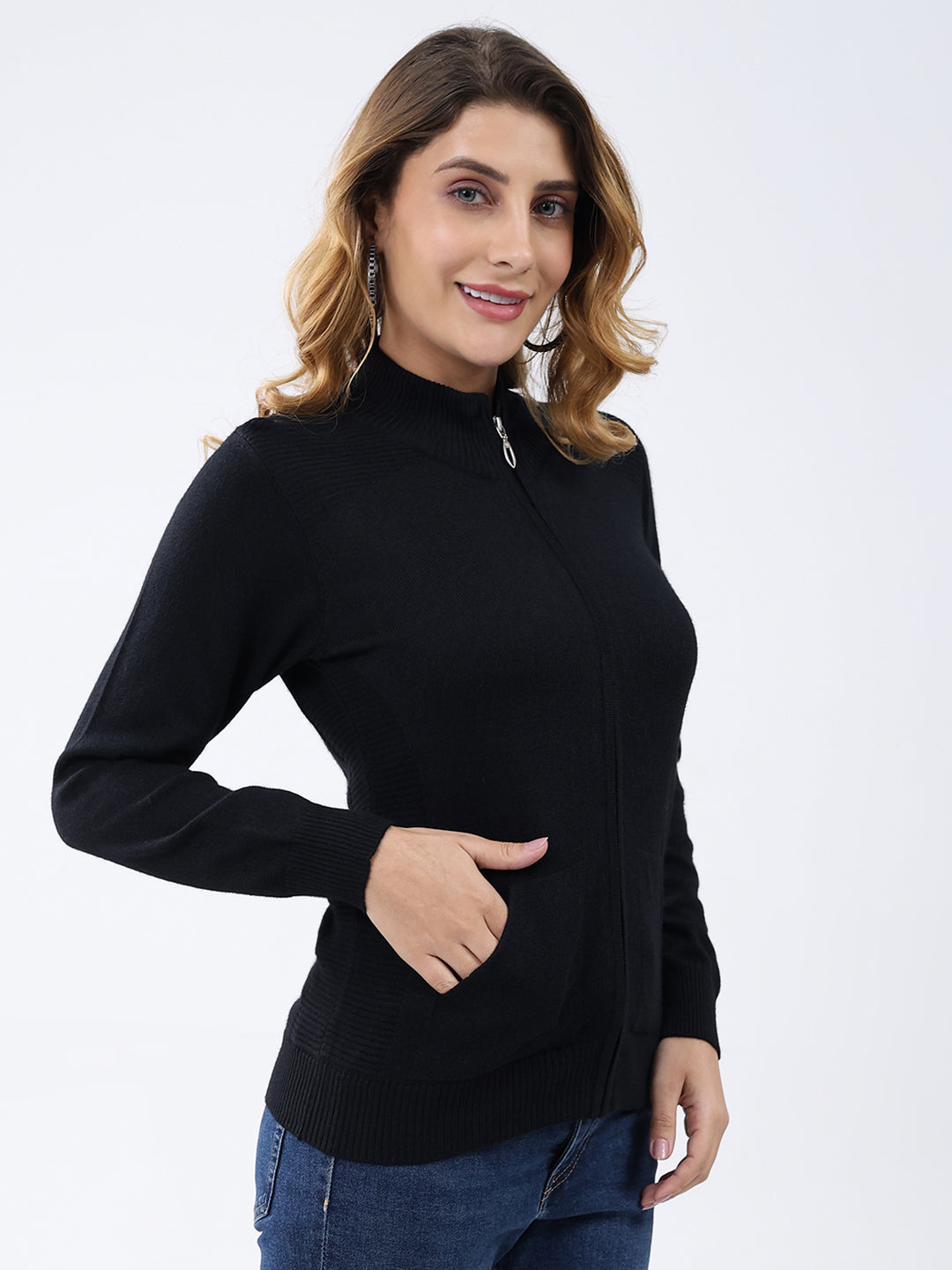Women Black Solid Mock Neck Full Sleeve Cardigan