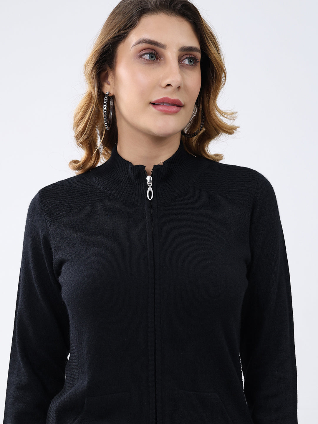 Women Black Solid Mock Neck Full Sleeve Cardigan