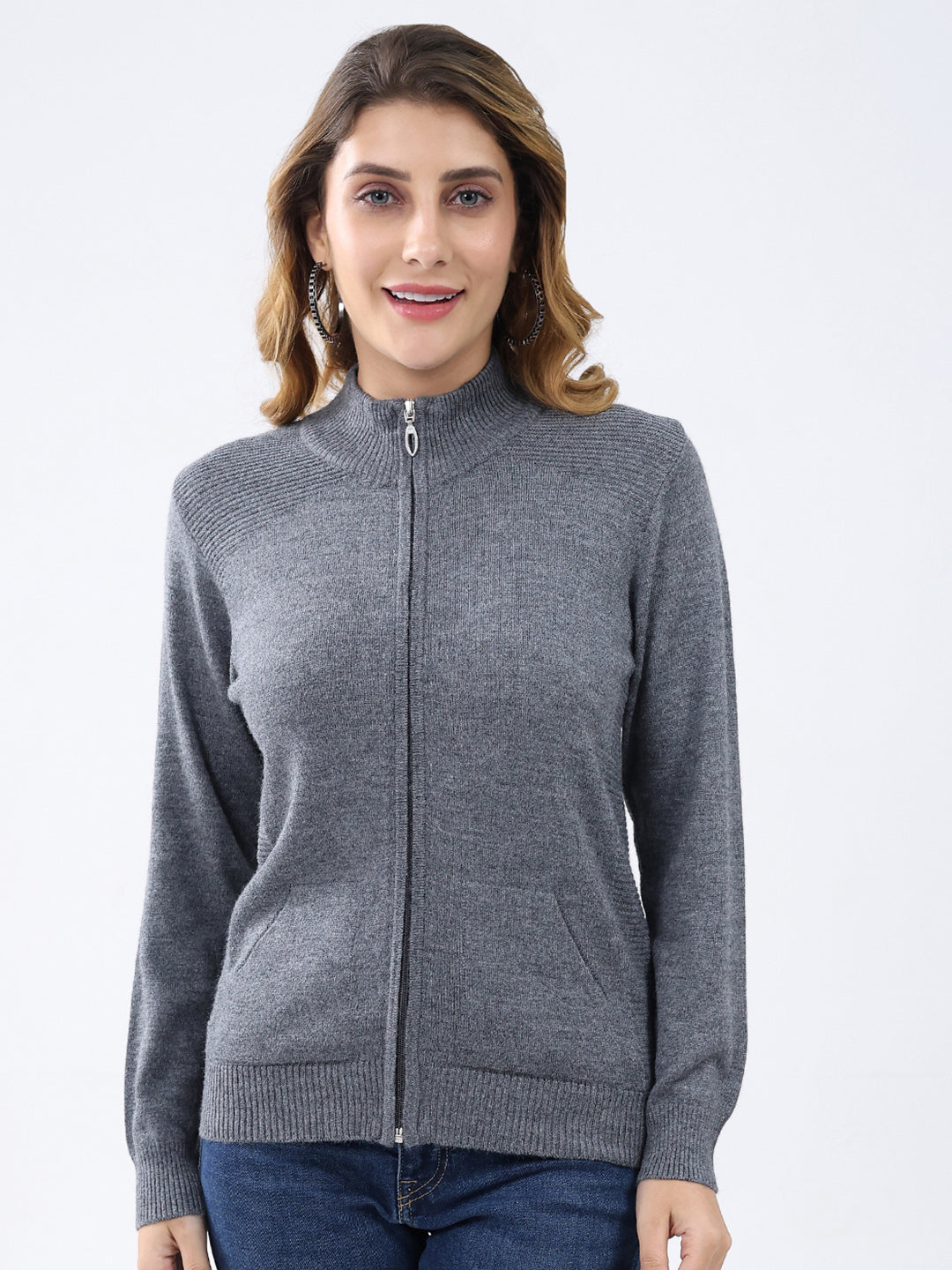 Women Grey Solid Mock Neck Full Sleeve Cardigan