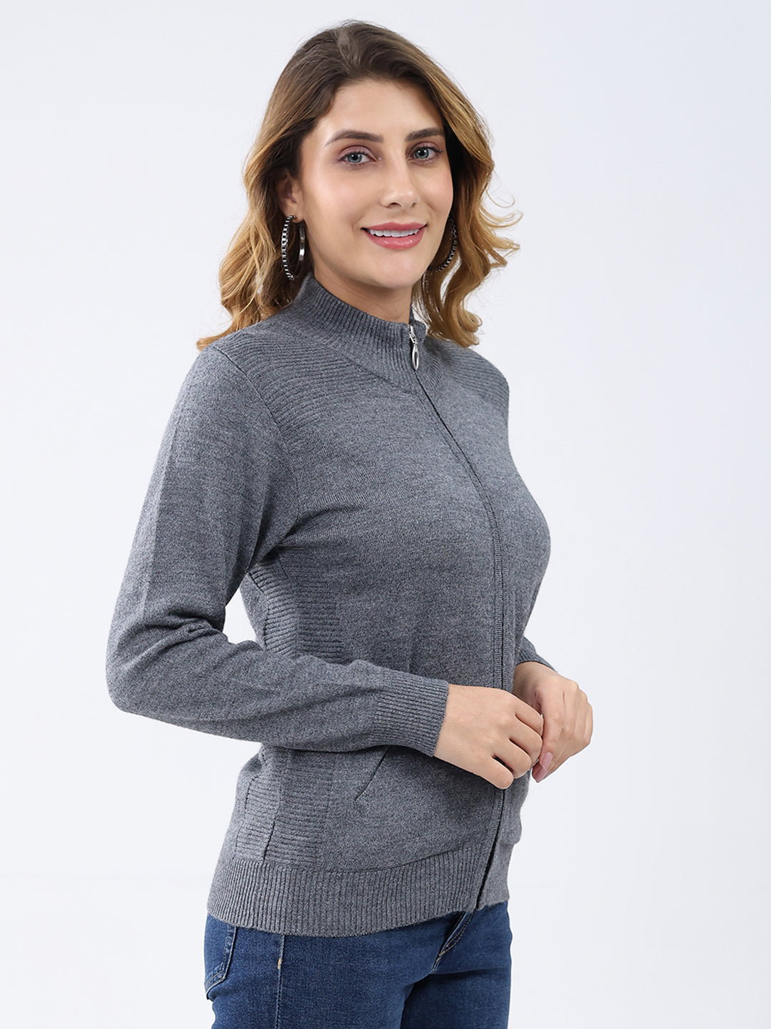 Women Grey Solid Mock Neck Full Sleeve Cardigan