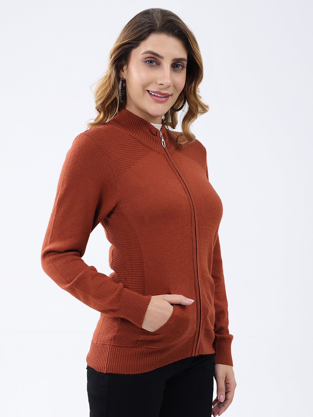 Women Rust Solid Mock Neck Full Sleeve Cardigan