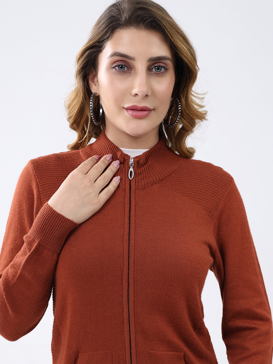 Women Rust Solid Mock Neck Full Sleeve Cardigan
