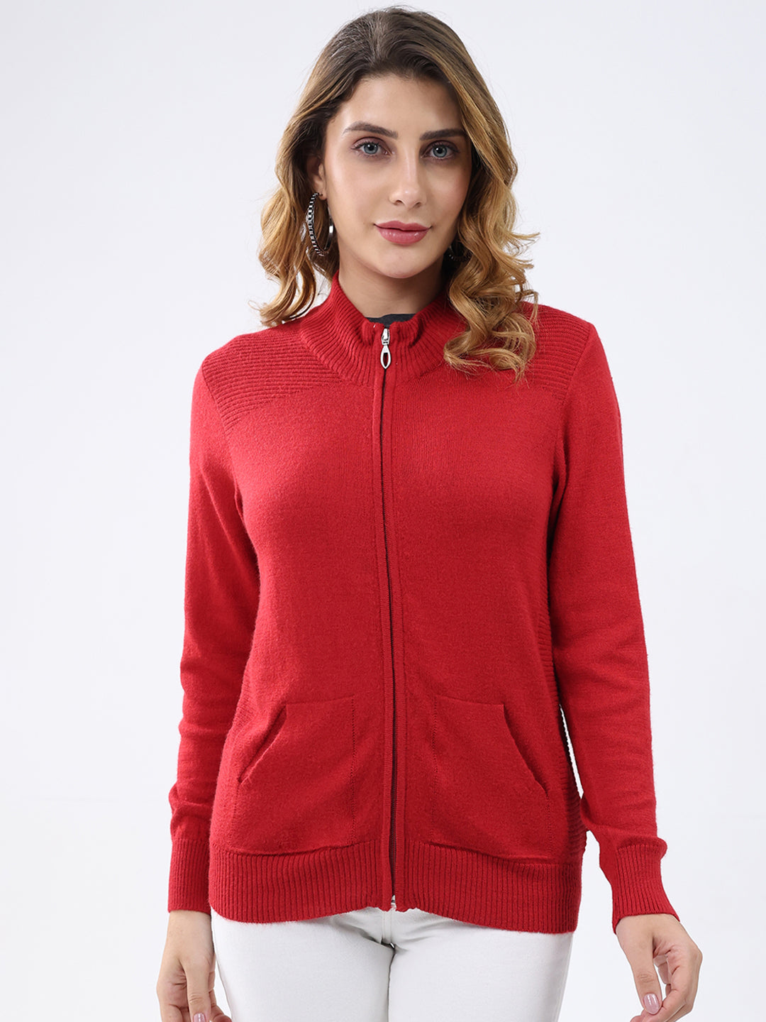 Women Red Solid Mock Neck Full Sleeve Cardigan