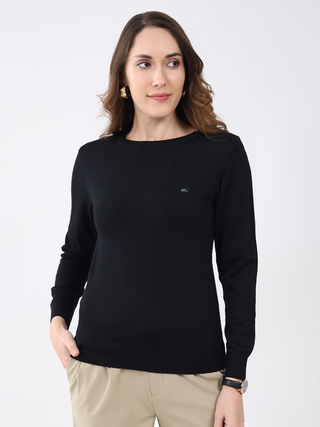 Women Black Solid Round Neck Full Sleeve Winter Top