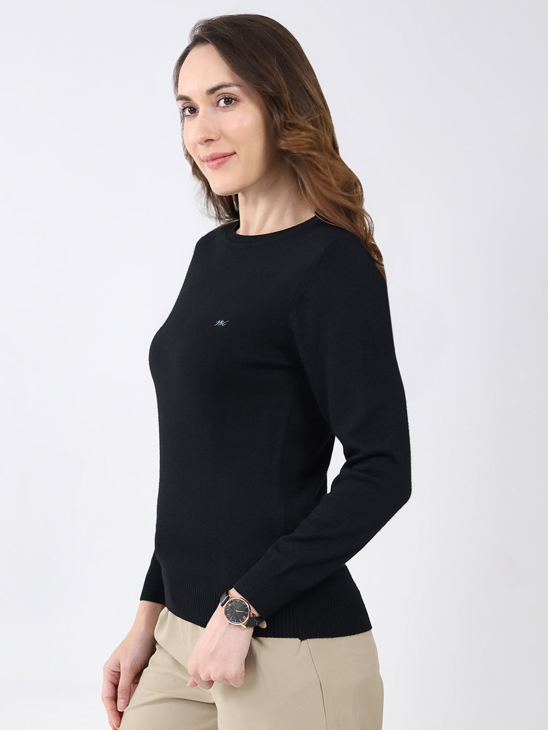 Women Black Solid Round Neck Full Sleeve Winter Top