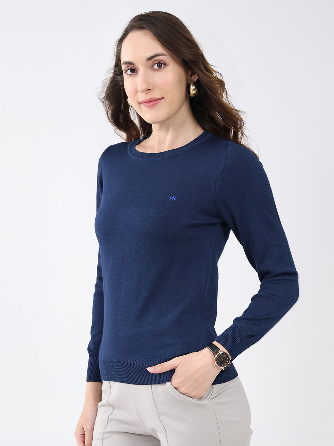 Women Navy Blue Solid Round Neck Full Sleeve Winter Top