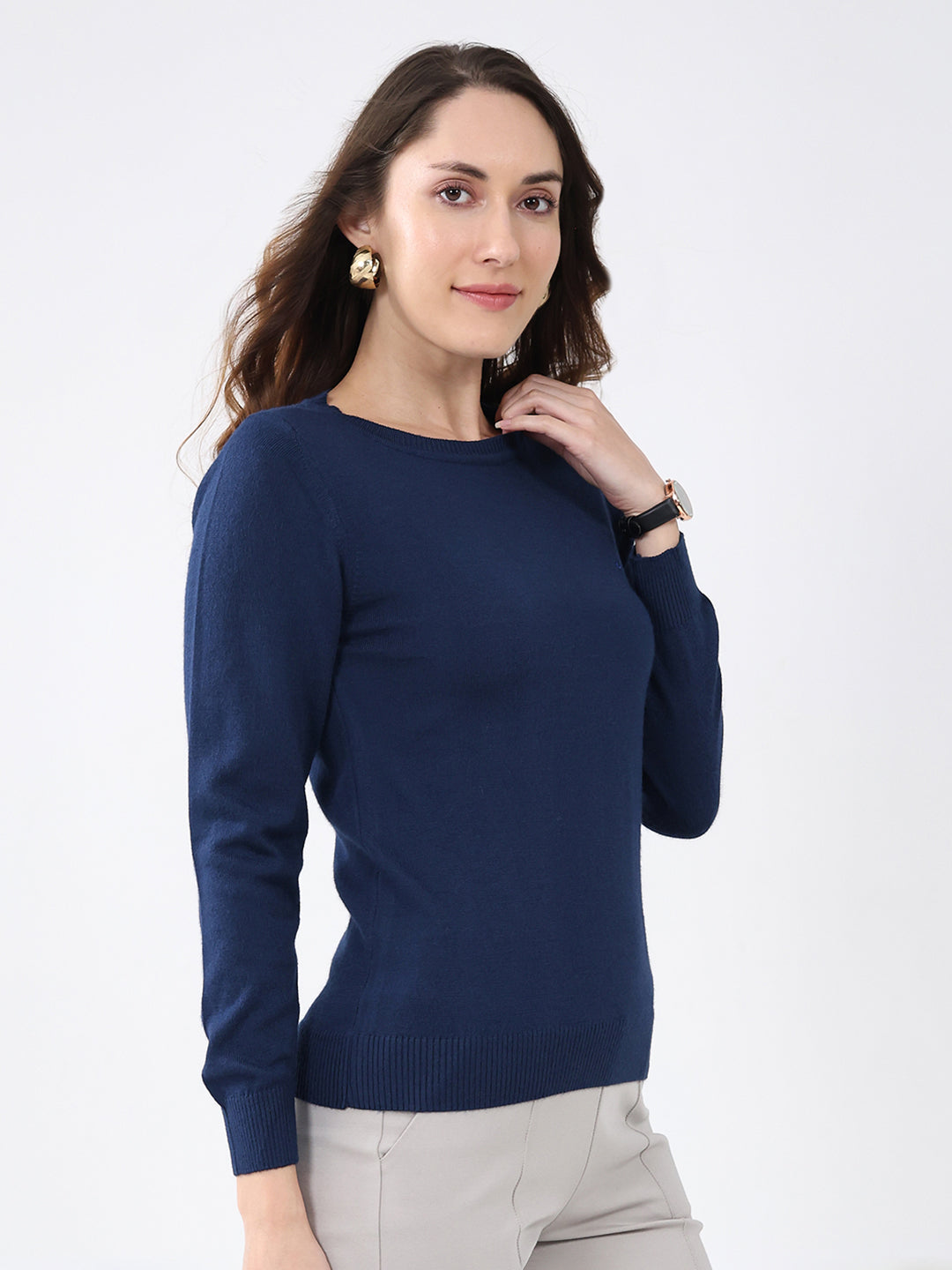 Women Navy Blue Solid Round Neck Full Sleeve Winter Top