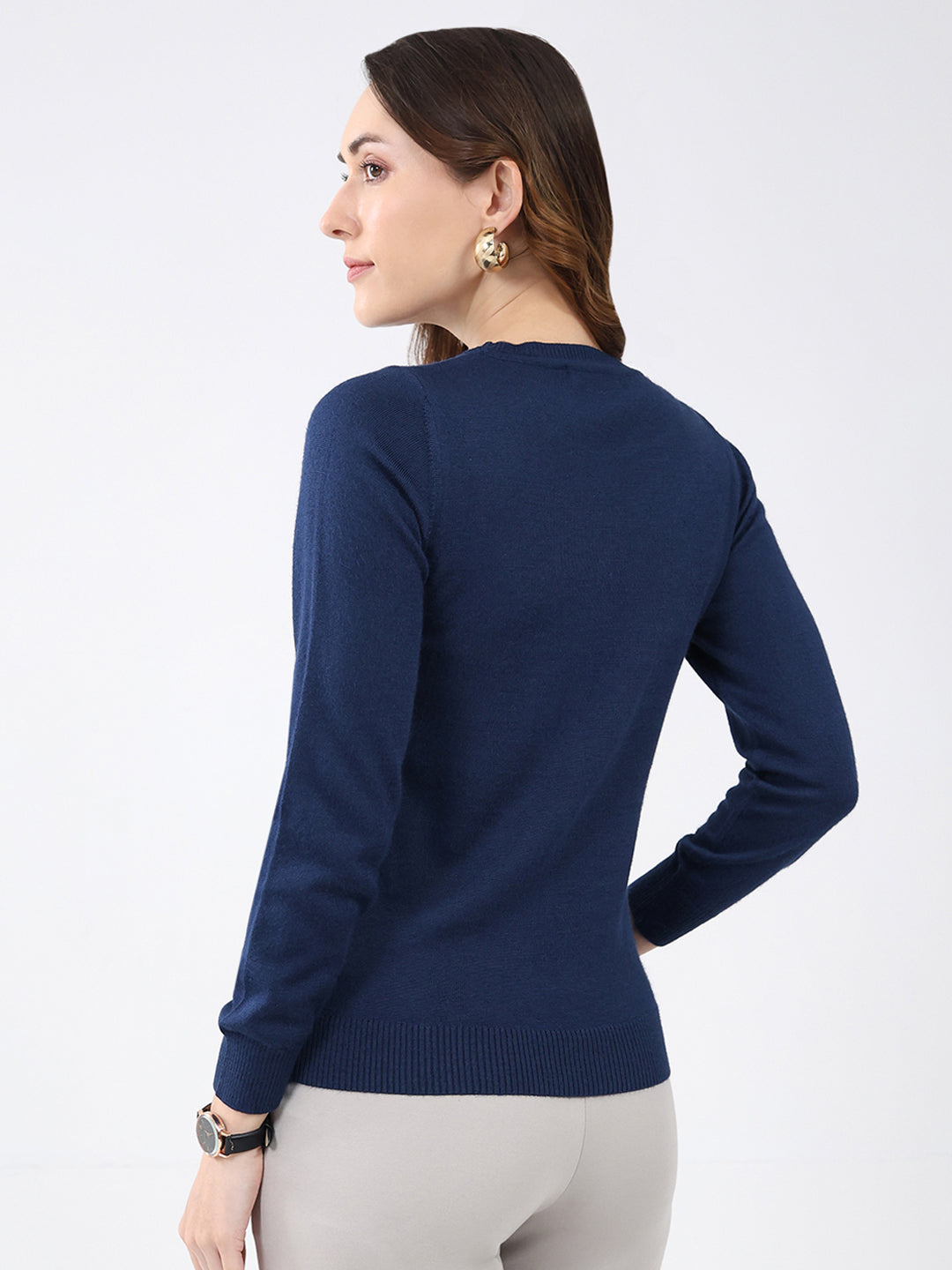 Women Navy Blue Solid Round Neck Full Sleeve Winter Top