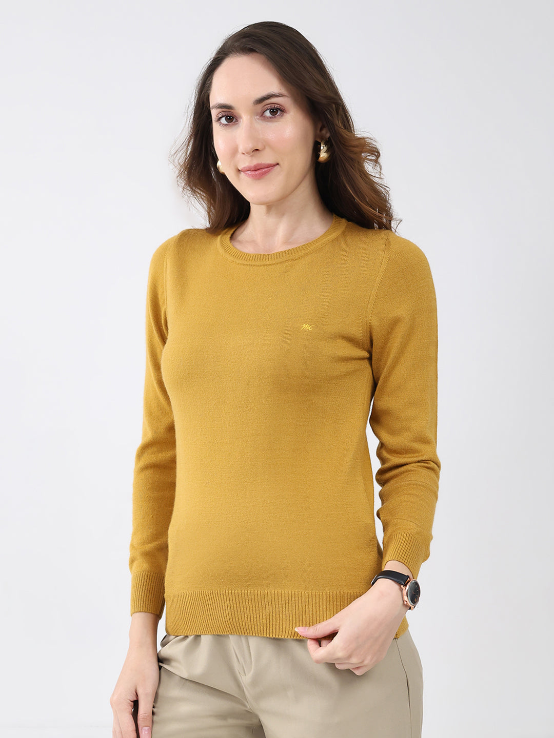 Women Mustard Solid Round Neck Full Sleeve Winter Top
