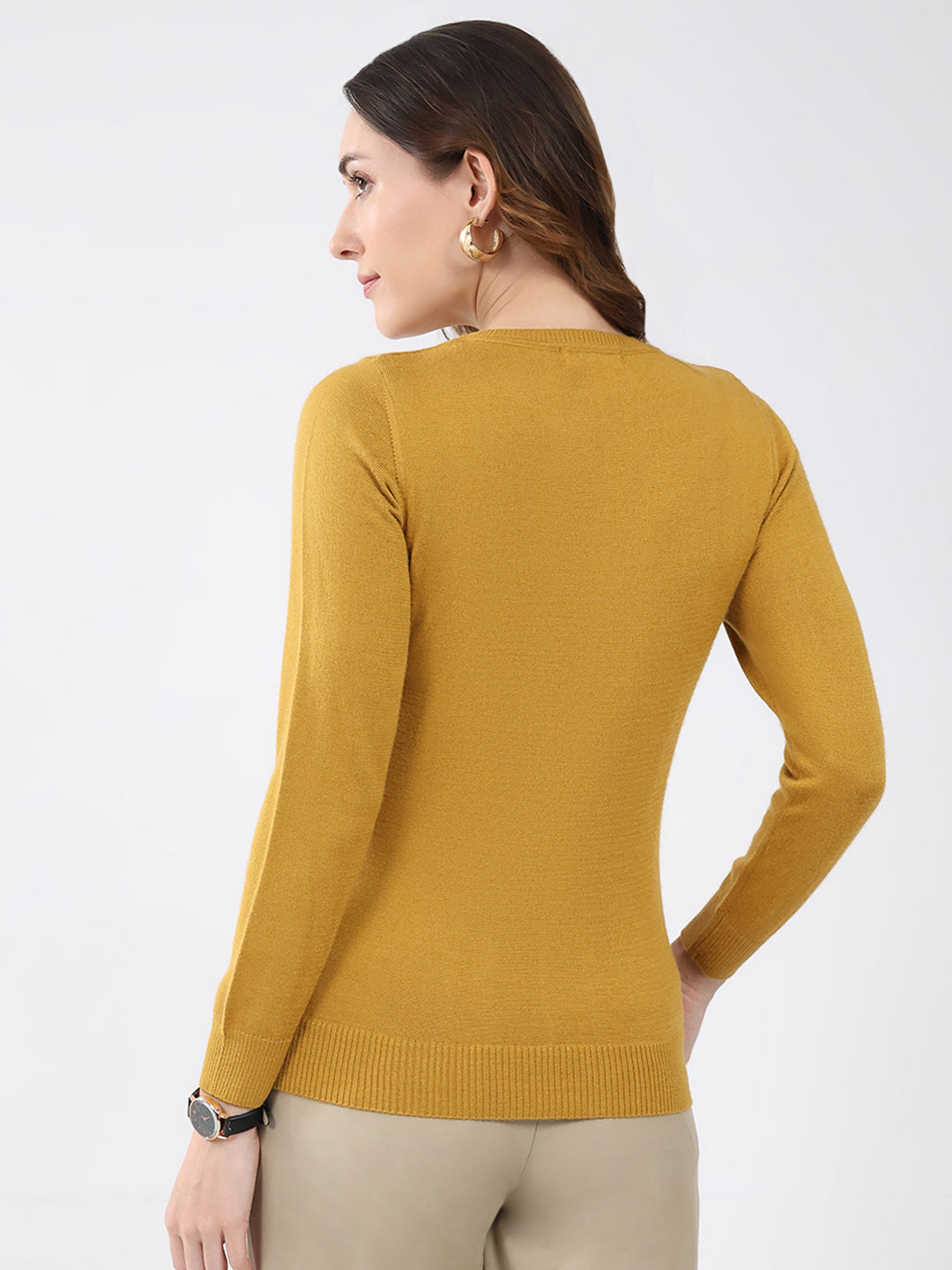 Women Mustard Solid Round Neck Full Sleeve Winter Top