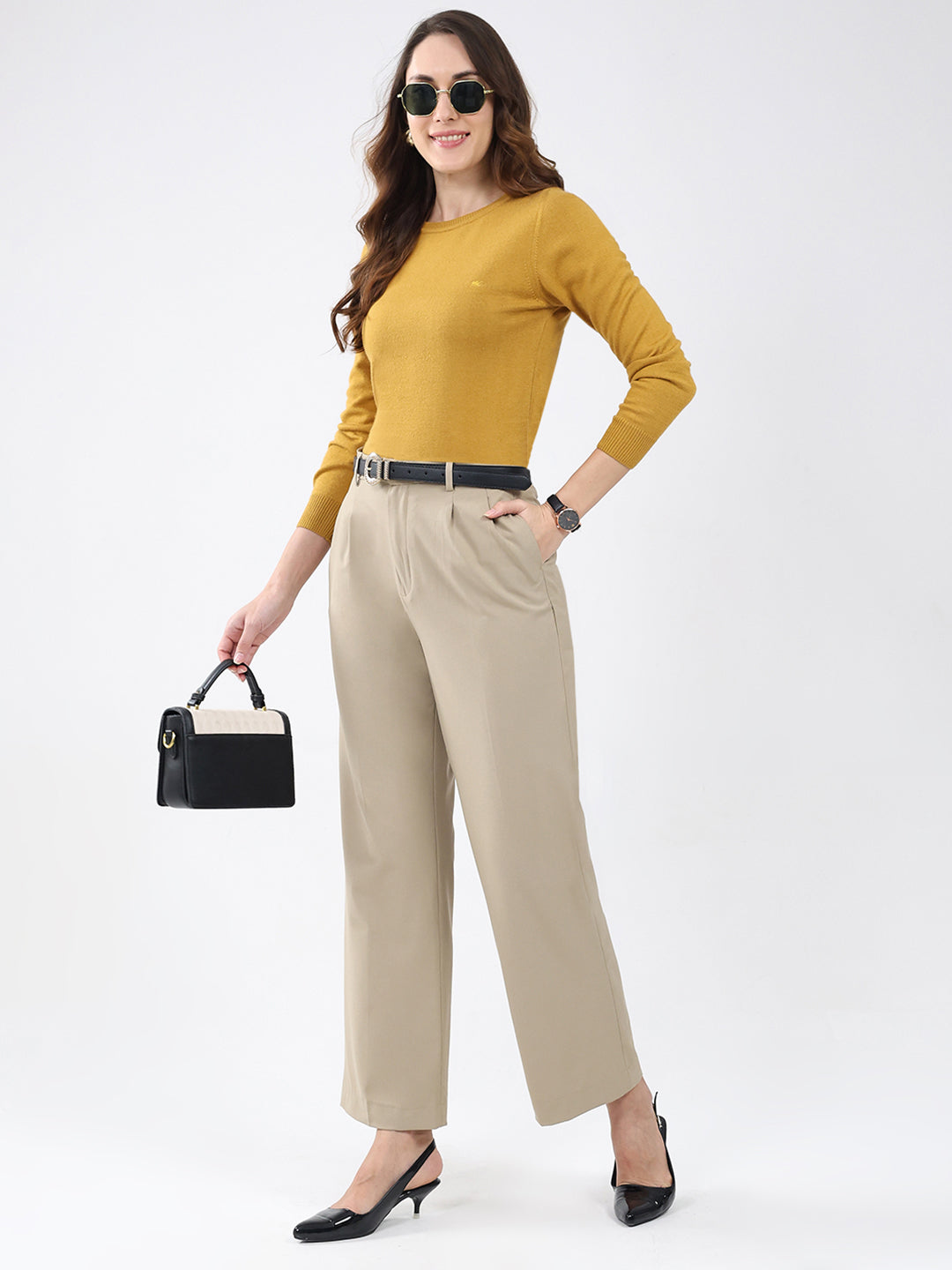 Women Mustard Solid Round Neck Full Sleeve Winter Top
