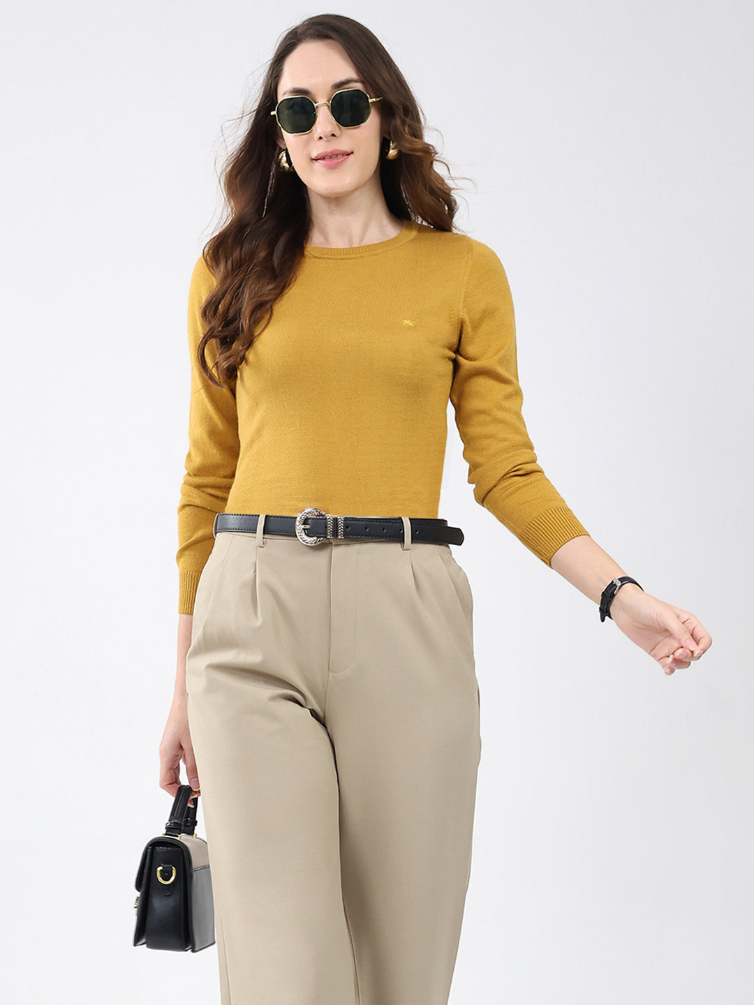 Women Mustard Solid Round Neck Full Sleeve Winter Top
