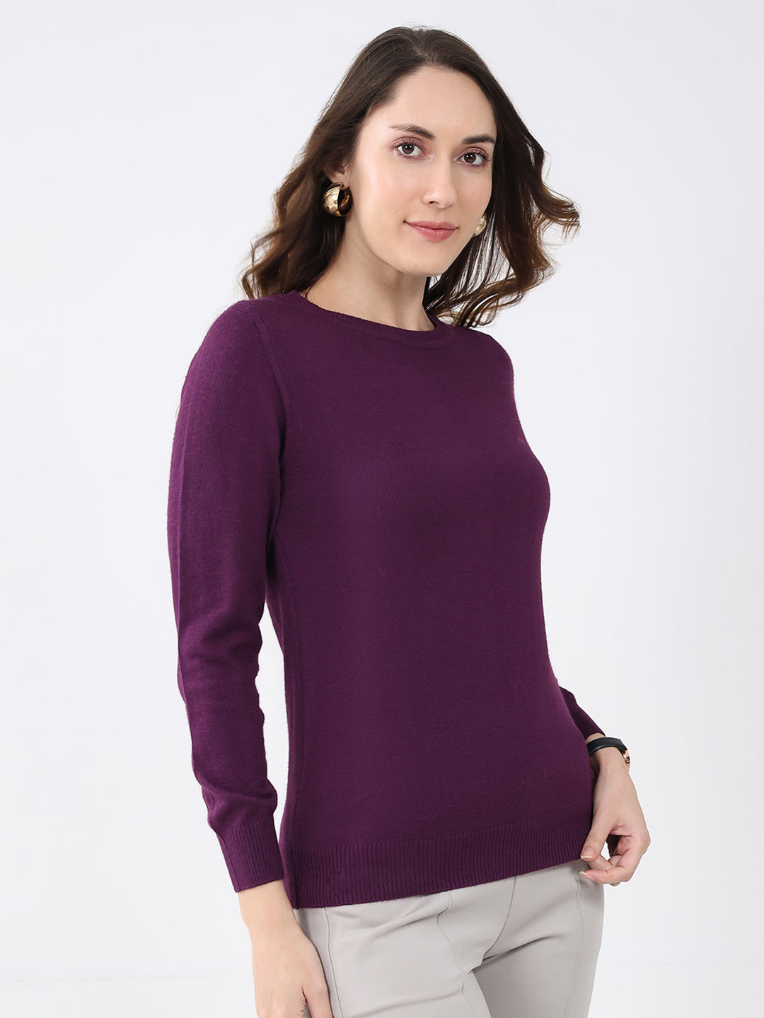 Women Purple Solid Round Neck Full Sleeve Winter Top