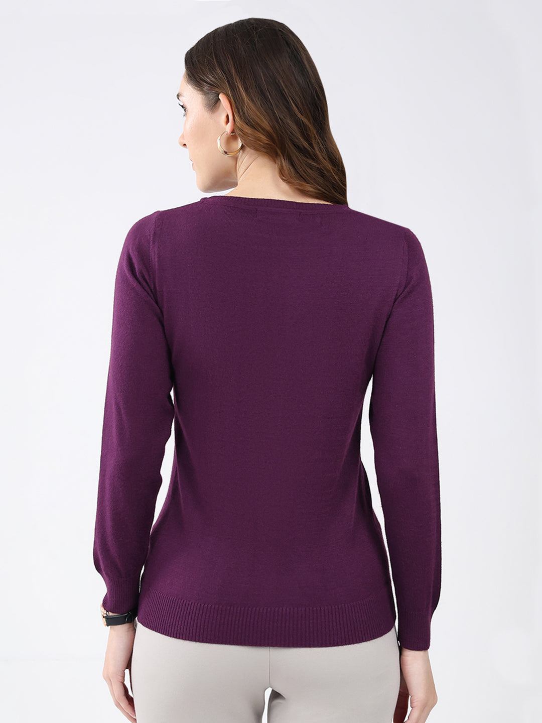 Women Purple Solid Round Neck Full Sleeve Winter Top