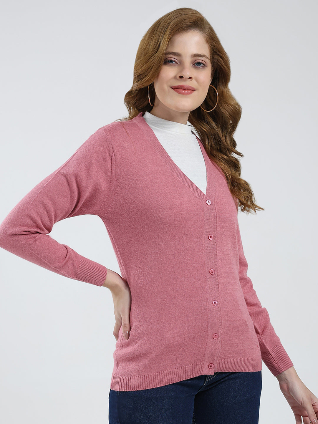 Women Pink Solid V Neck Full Sleeve Cardigan