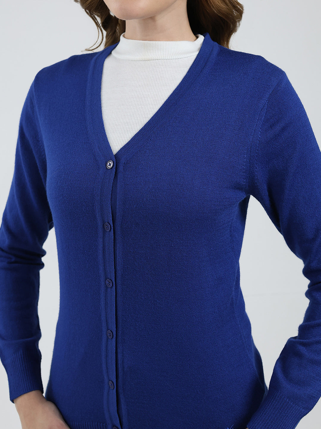 Women Blue Solid V Neck Full Sleeve Cardigan