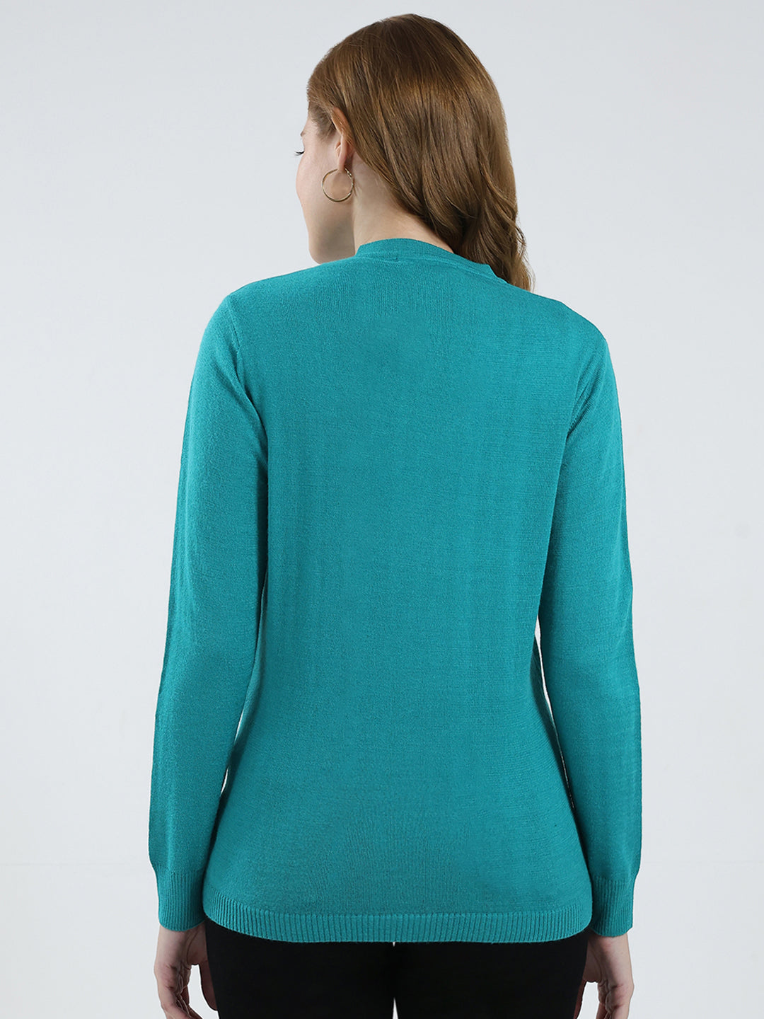 Women Teal Blue Solid V Neck Full Sleeve Cardigan