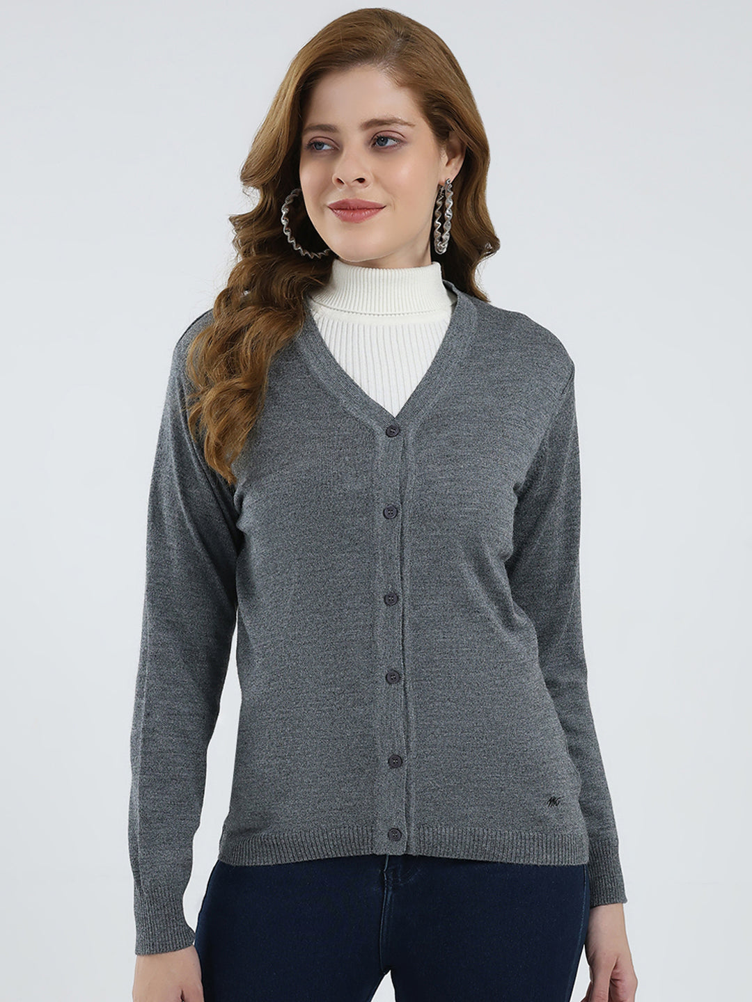 Women Grey Solid V Neck Full Sleeve Cardigan