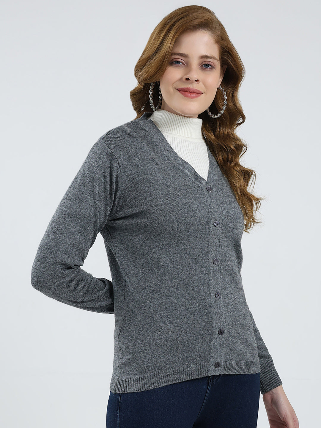 Women Grey Solid V Neck Full Sleeve Cardigan