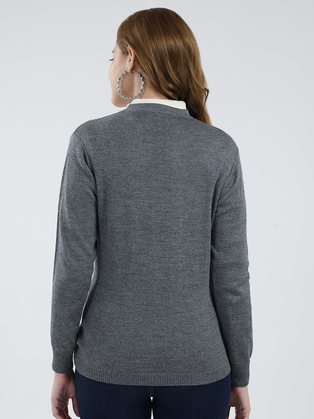 Women Grey Solid V Neck Full Sleeve Cardigan