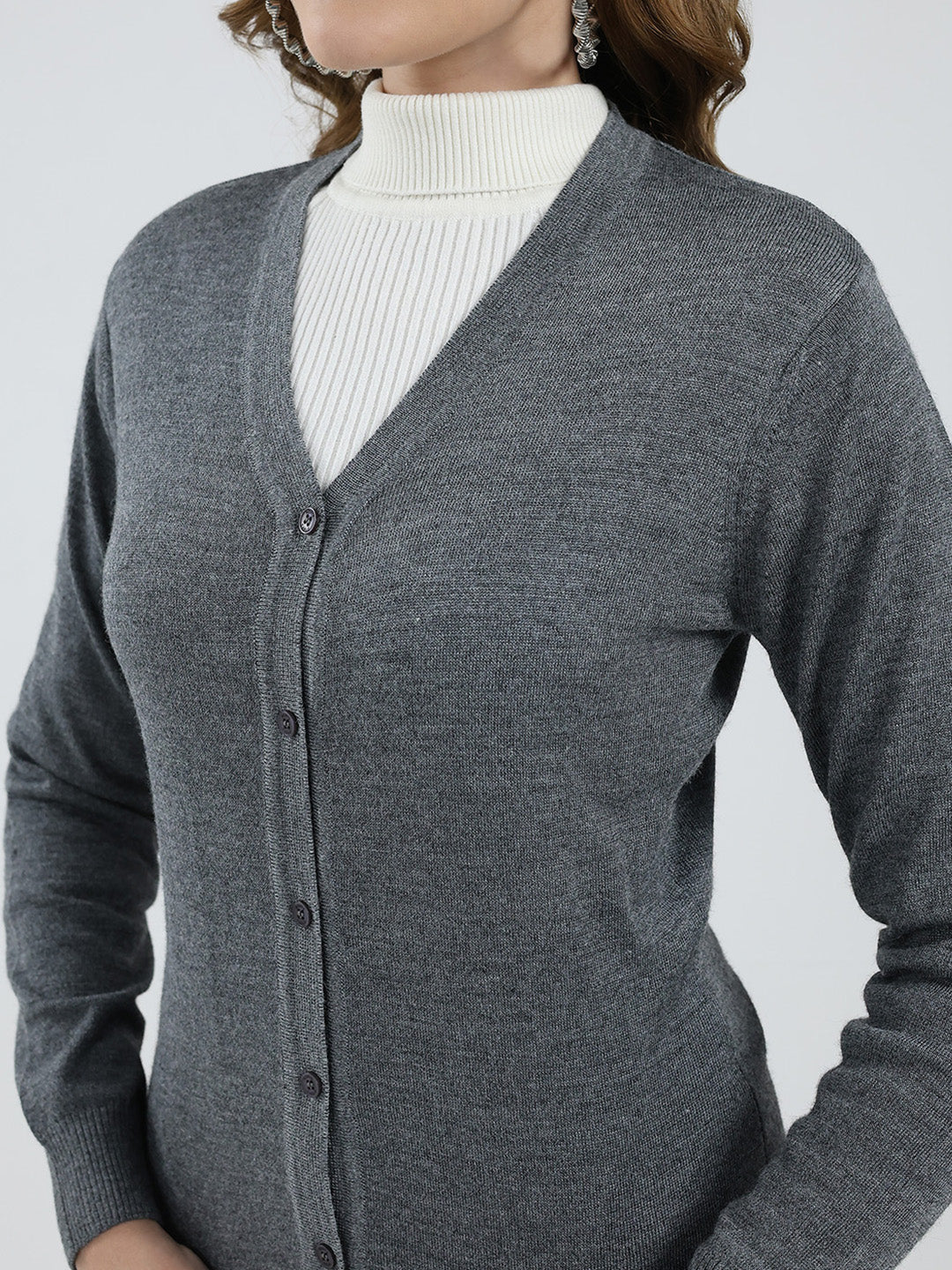 Women Grey Solid V Neck Full Sleeve Cardigan
