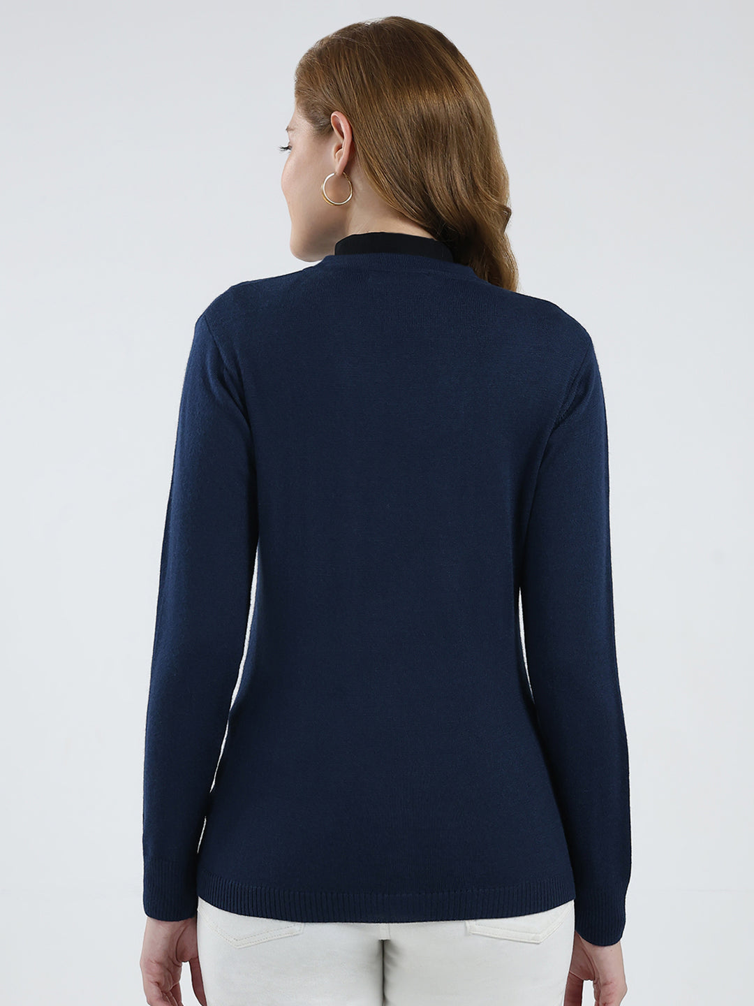 Women Navy Blue Solid V Neck Full Sleeve Cardigan