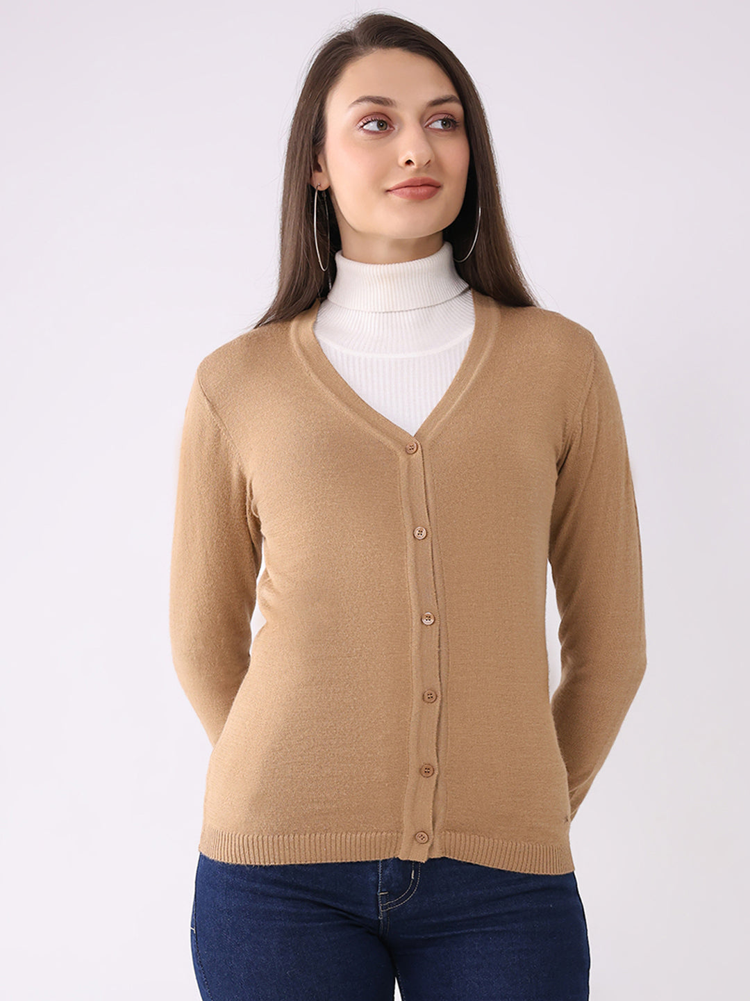 Women Khaki Solid V Neck Full Sleeve Cardigan