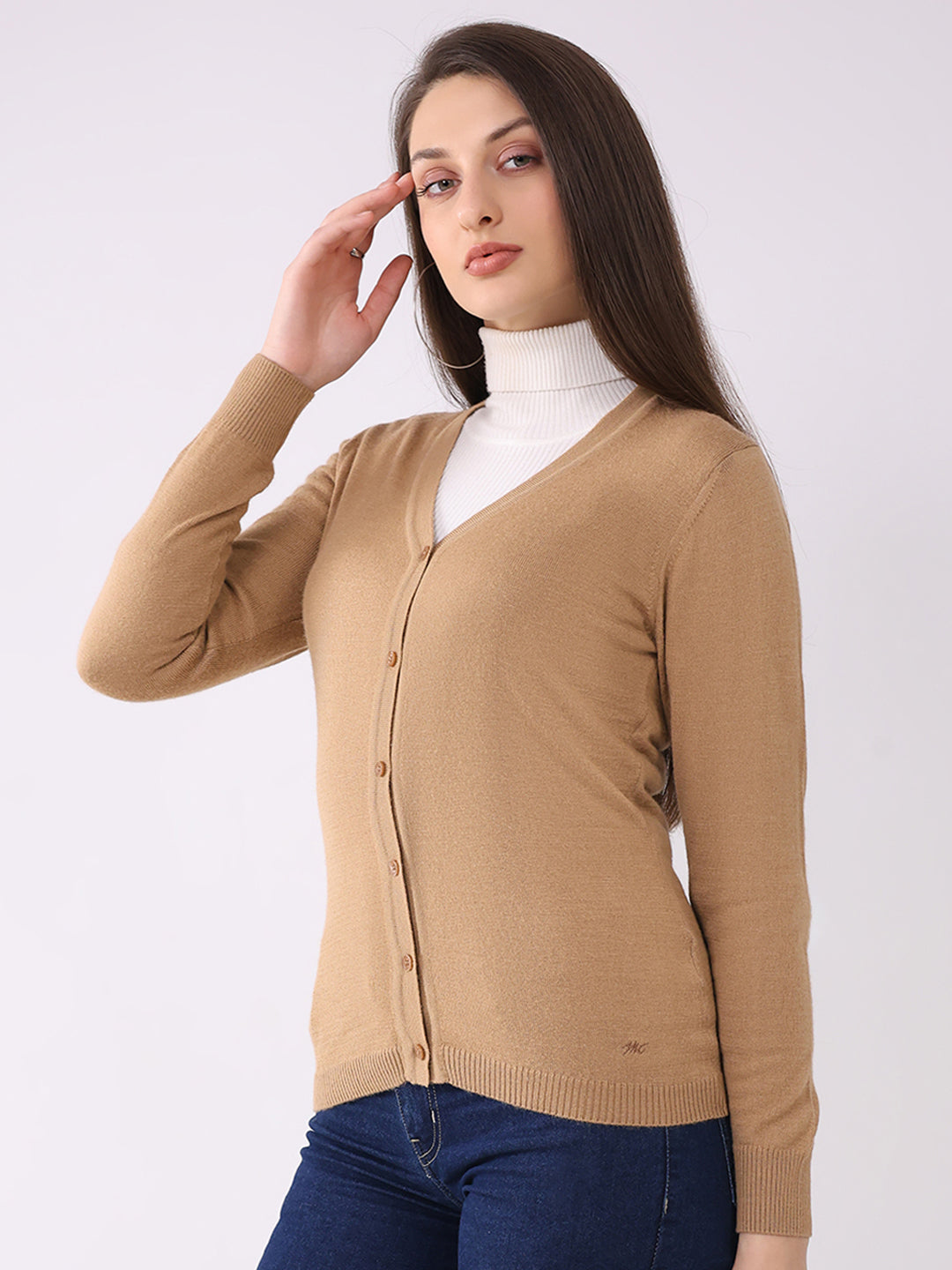 Women Khaki Solid V Neck Full Sleeve Cardigan