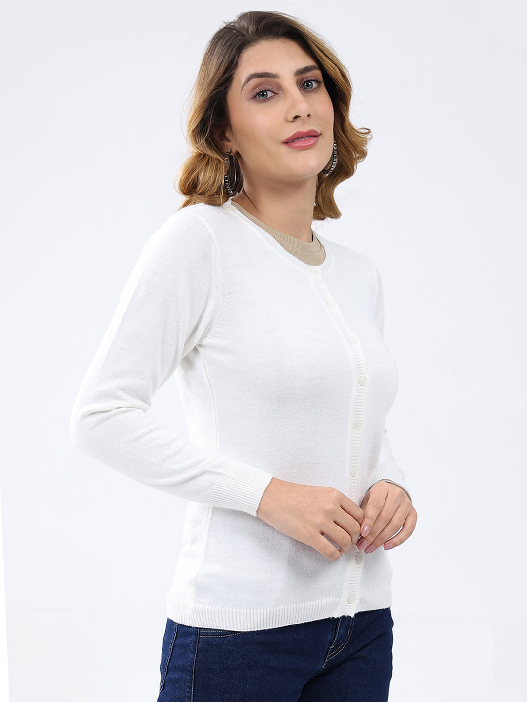 Women White Solid Round Neck Full Sleeve Cardigan
