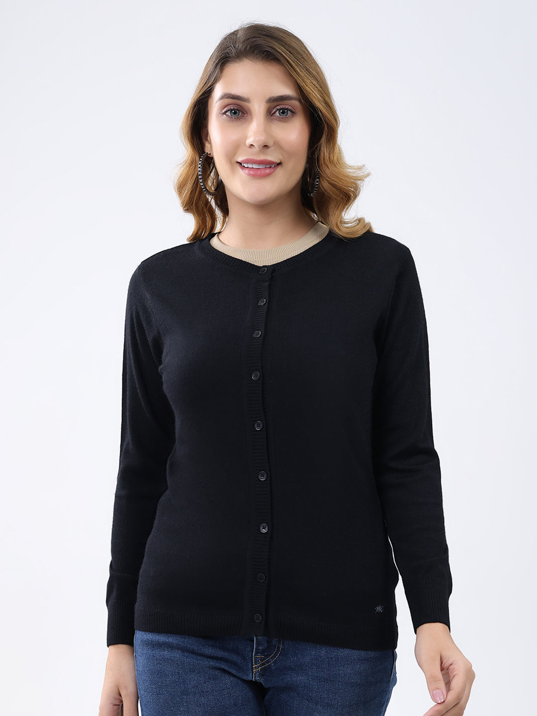 Women Black Solid Round Neck Full Sleeve Cardigan