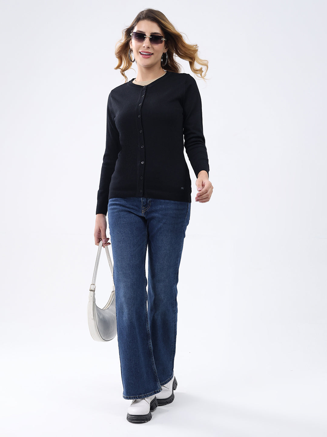 Women Black Solid Round Neck Full Sleeve Cardigan