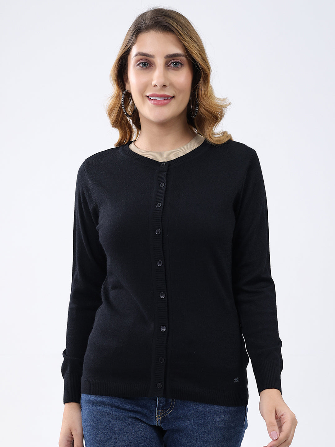 Women Black Solid Round Neck Full Sleeve Cardigan