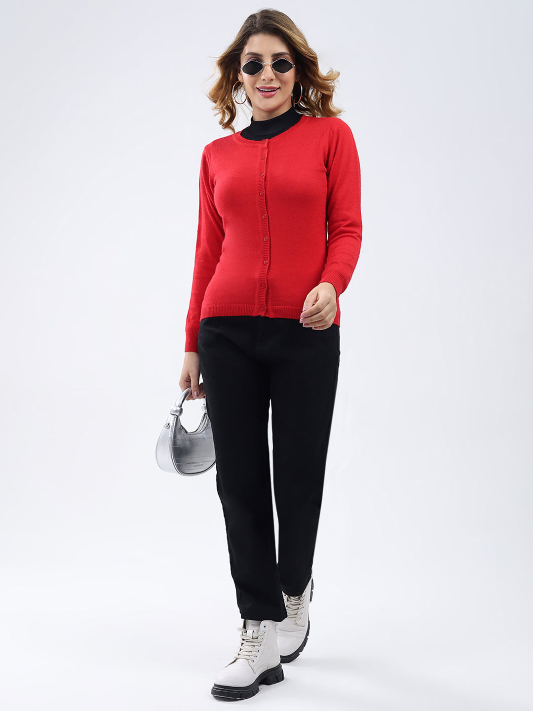 Women Red Solid Round Neck Full Sleeve Cardigan