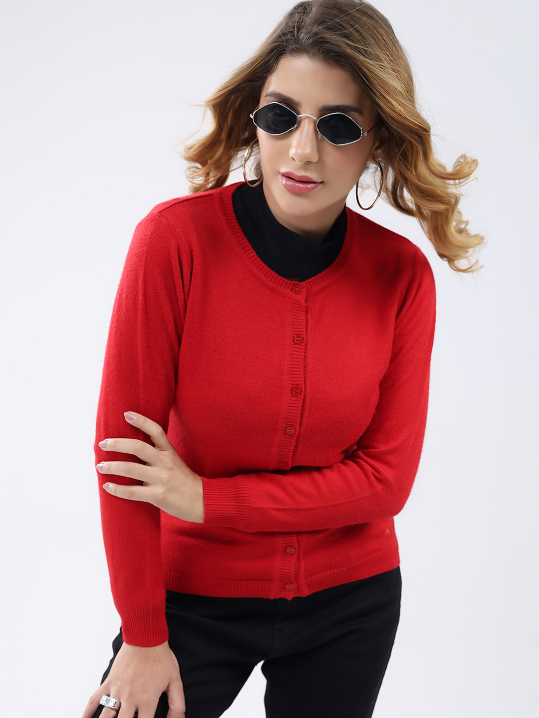 Women Red Solid Round Neck Full Sleeve Cardigan