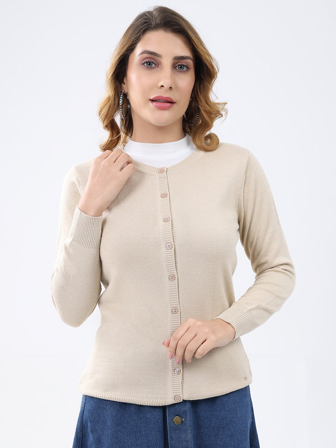 Women Beige Solid Round Neck Full Sleeve Cardigan