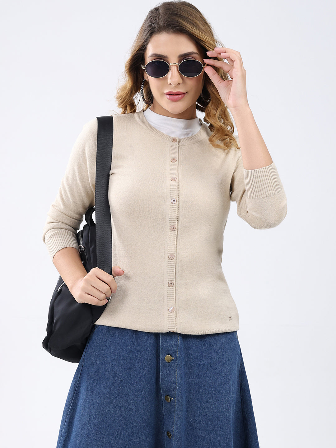 Women Beige Solid Round Neck Full Sleeve Cardigan