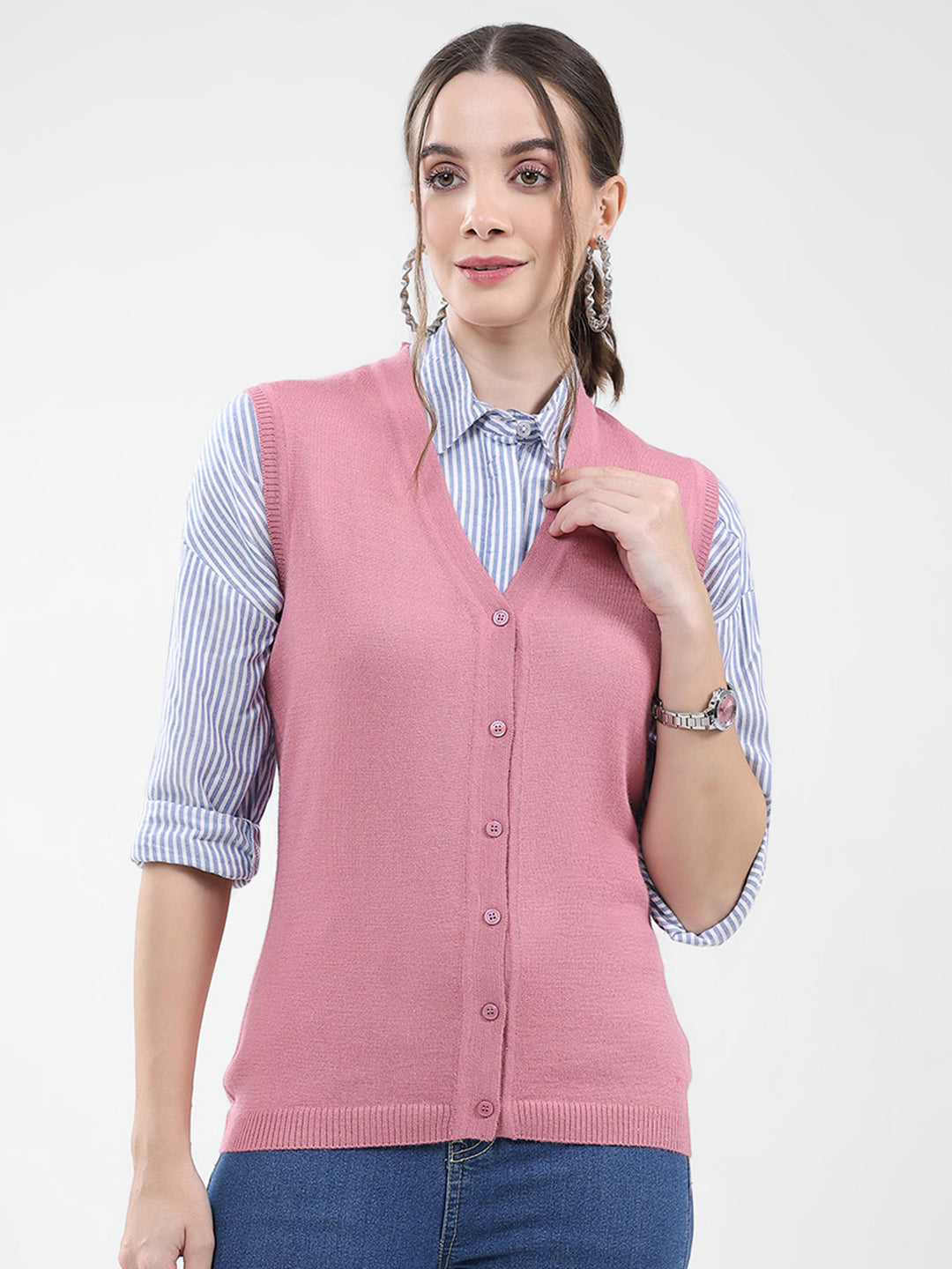 Women Pink Solid V Neck Sleeveless Cardigan - Main Image