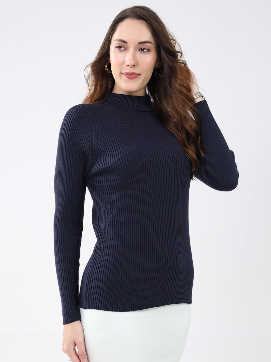 Women Navy Blue Solid High Neck Full Sleeve Sceavy