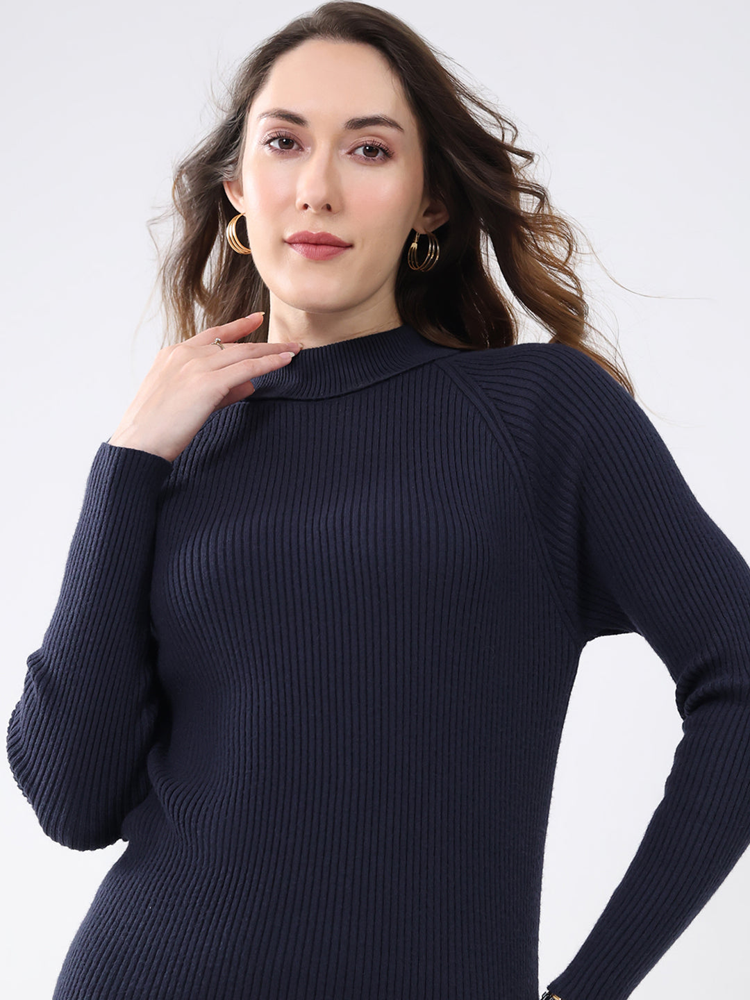 Women Navy Blue Solid High Neck Full Sleeve Sceavy