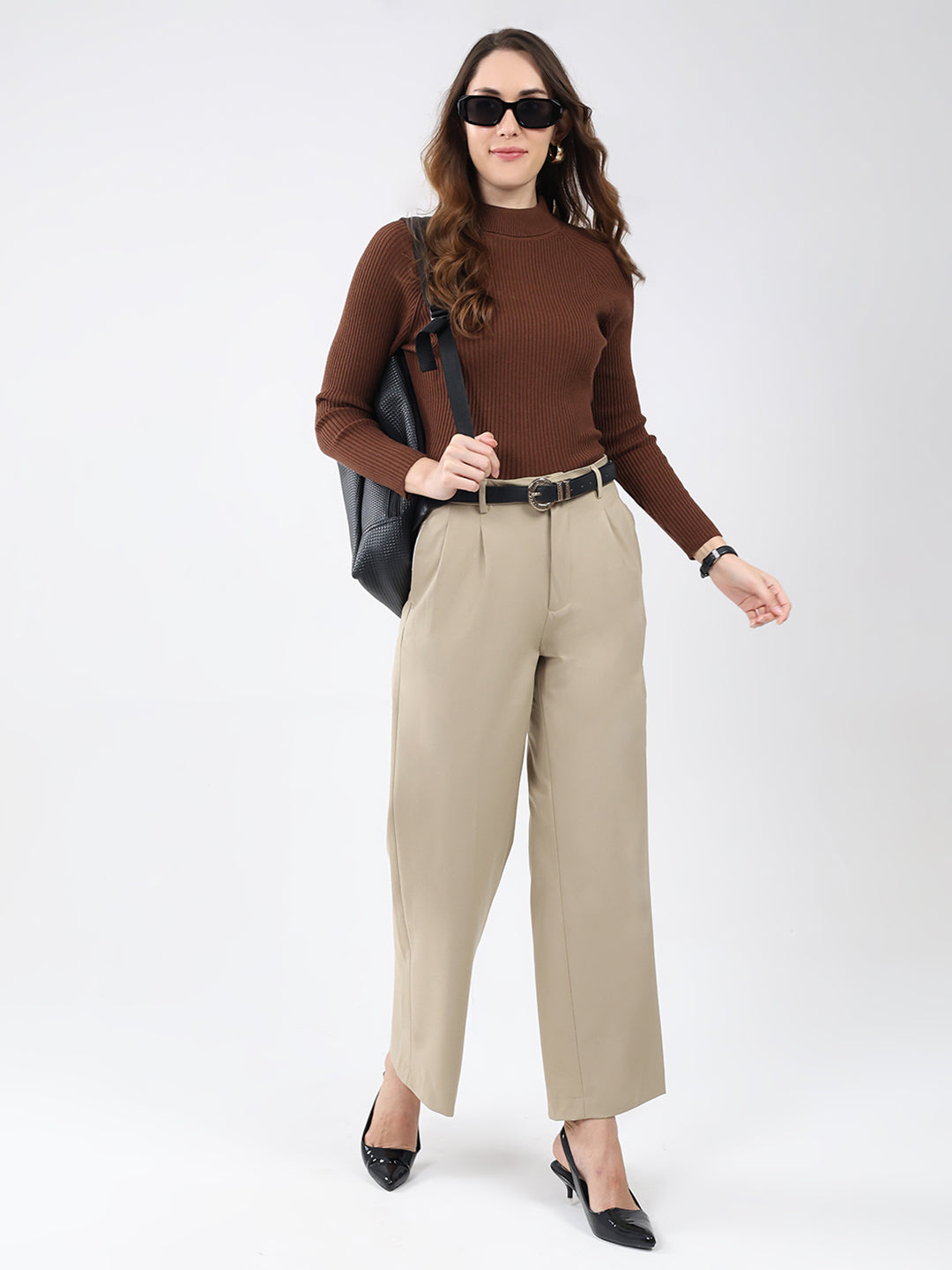 Women Brown Solid High Neck Full Sleeve Sceavy