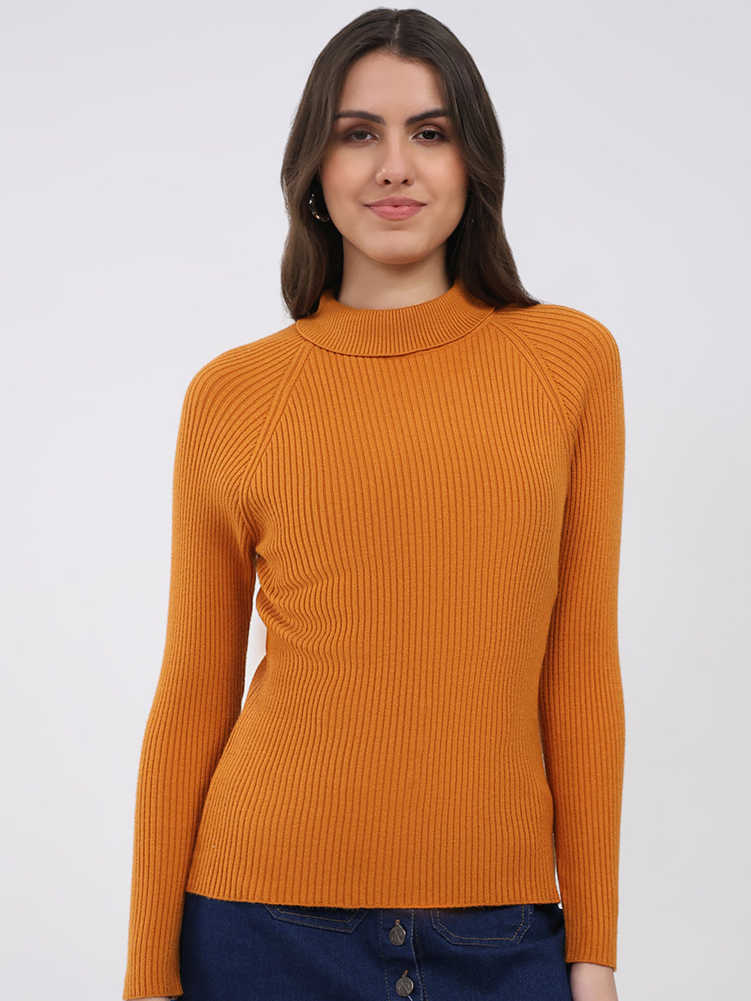 Women Yellow Solid T Neck Full Sleeve Sceavy