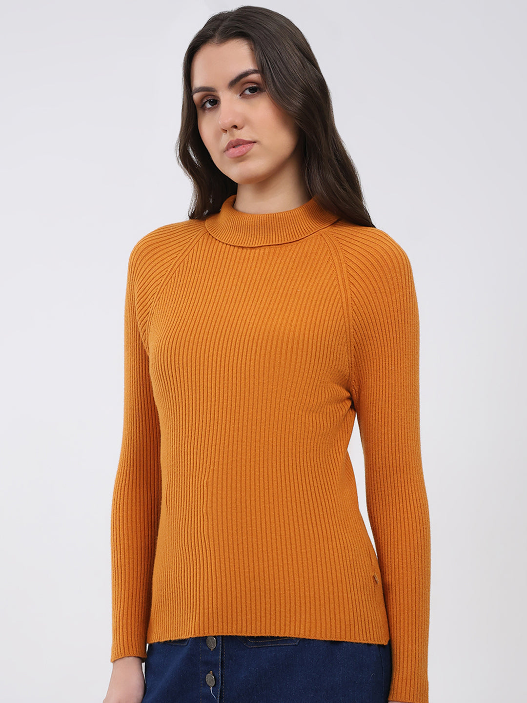 Women Yellow Solid T Neck Full Sleeve Sceavy