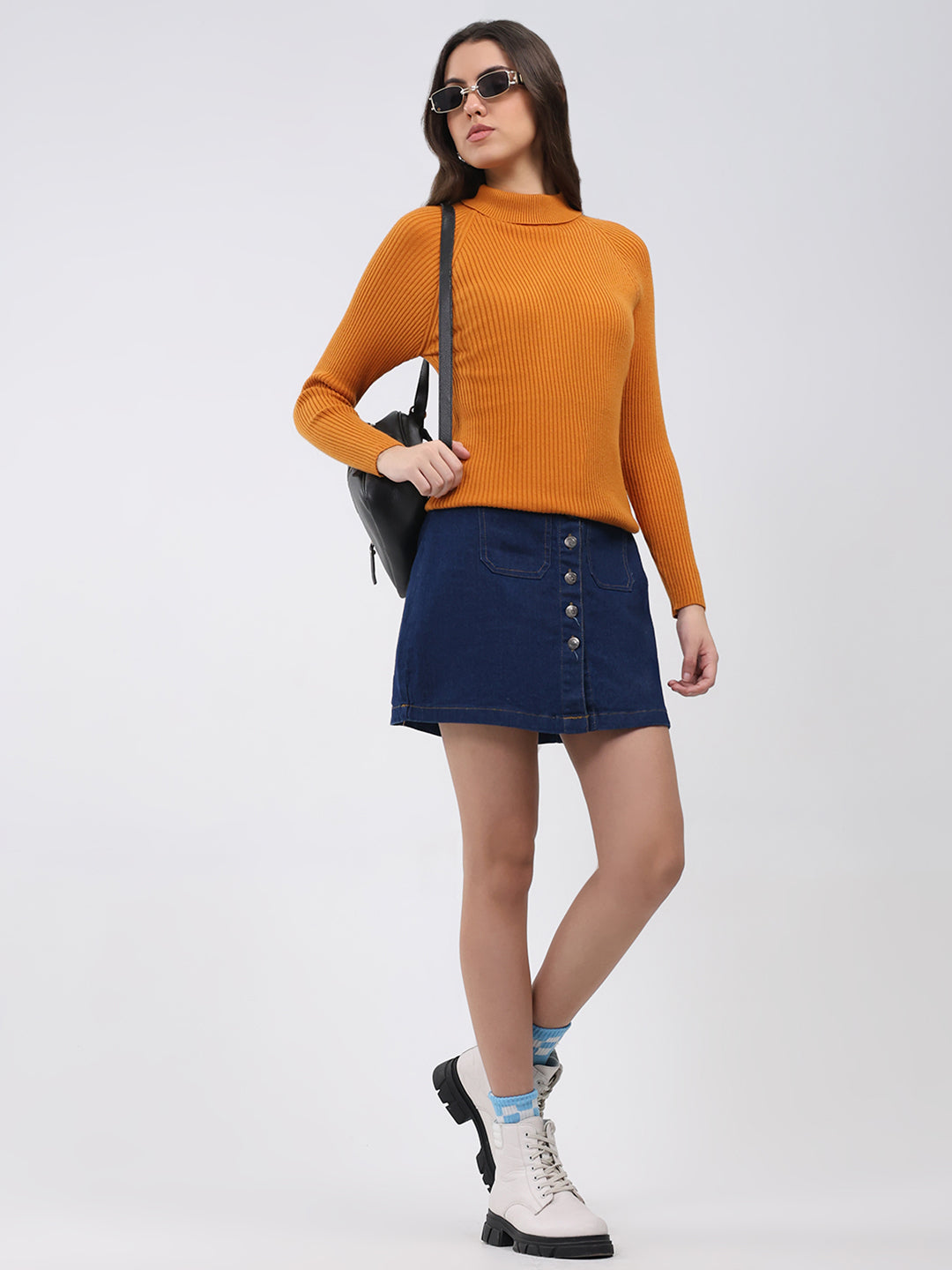 Women Yellow Solid T Neck Full Sleeve Sceavy