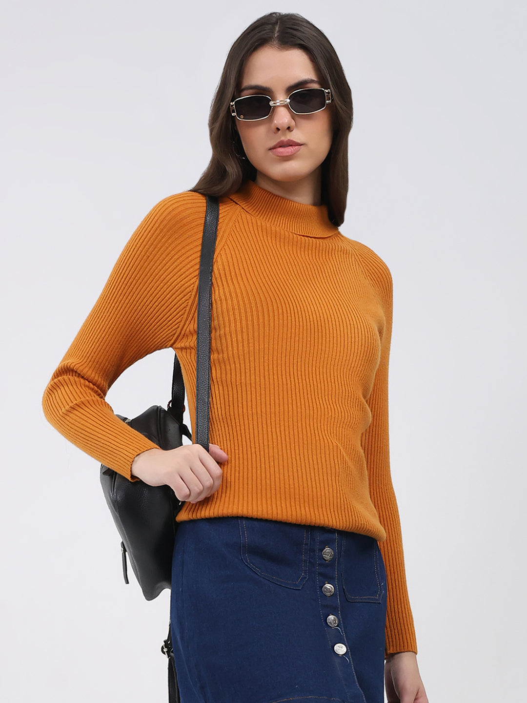 Women Yellow Solid T Neck Full Sleeve Sceavy